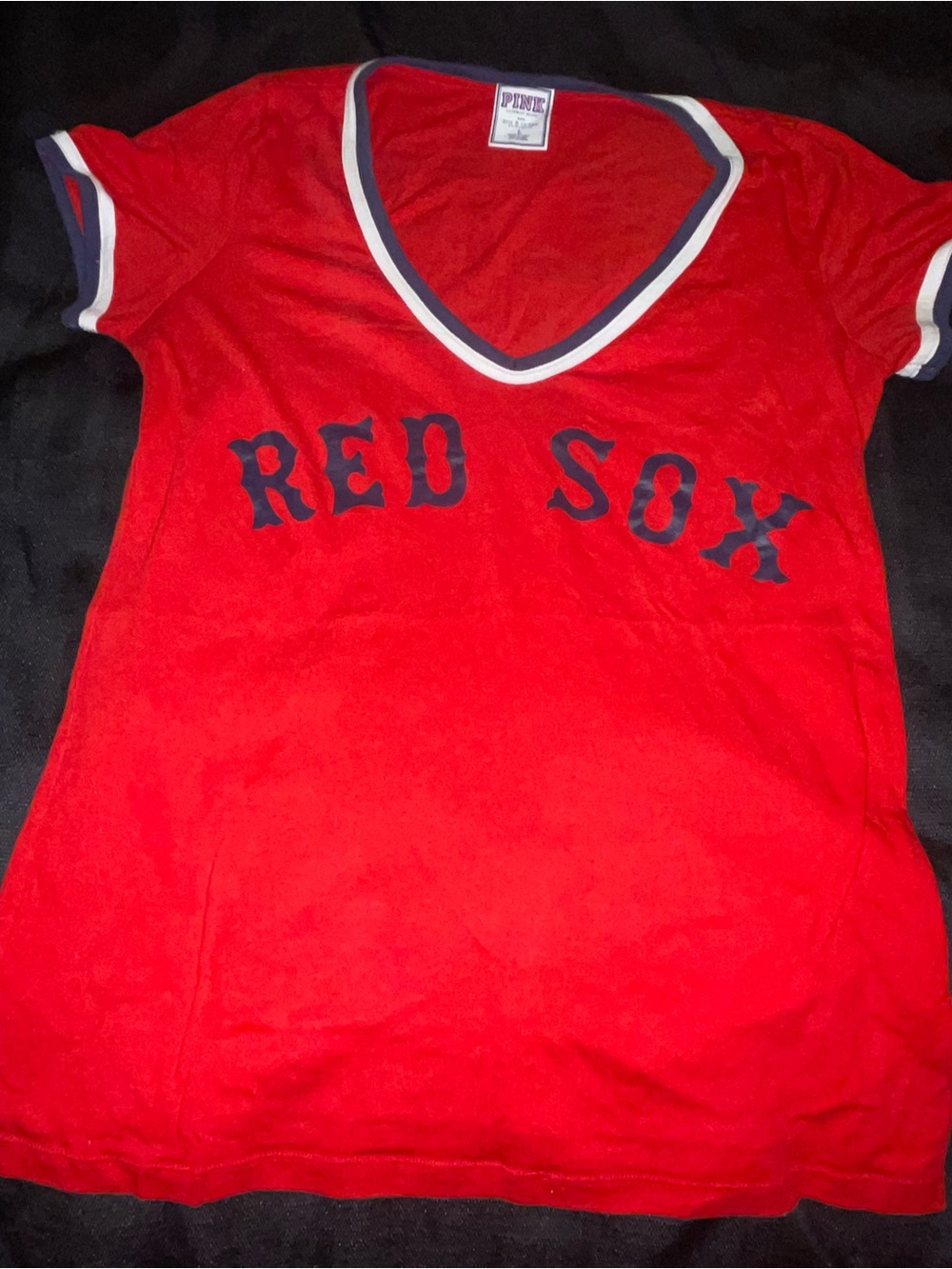 PINK Victoria's Secret Red V-Neck 'RED SOX' Tee with Navy Trim